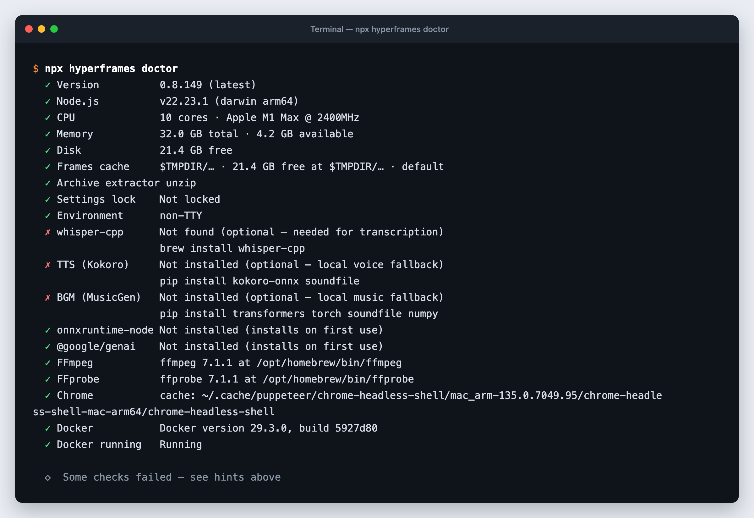Sortie de npx hyperframes doctor listant les vérifications de l'environnement