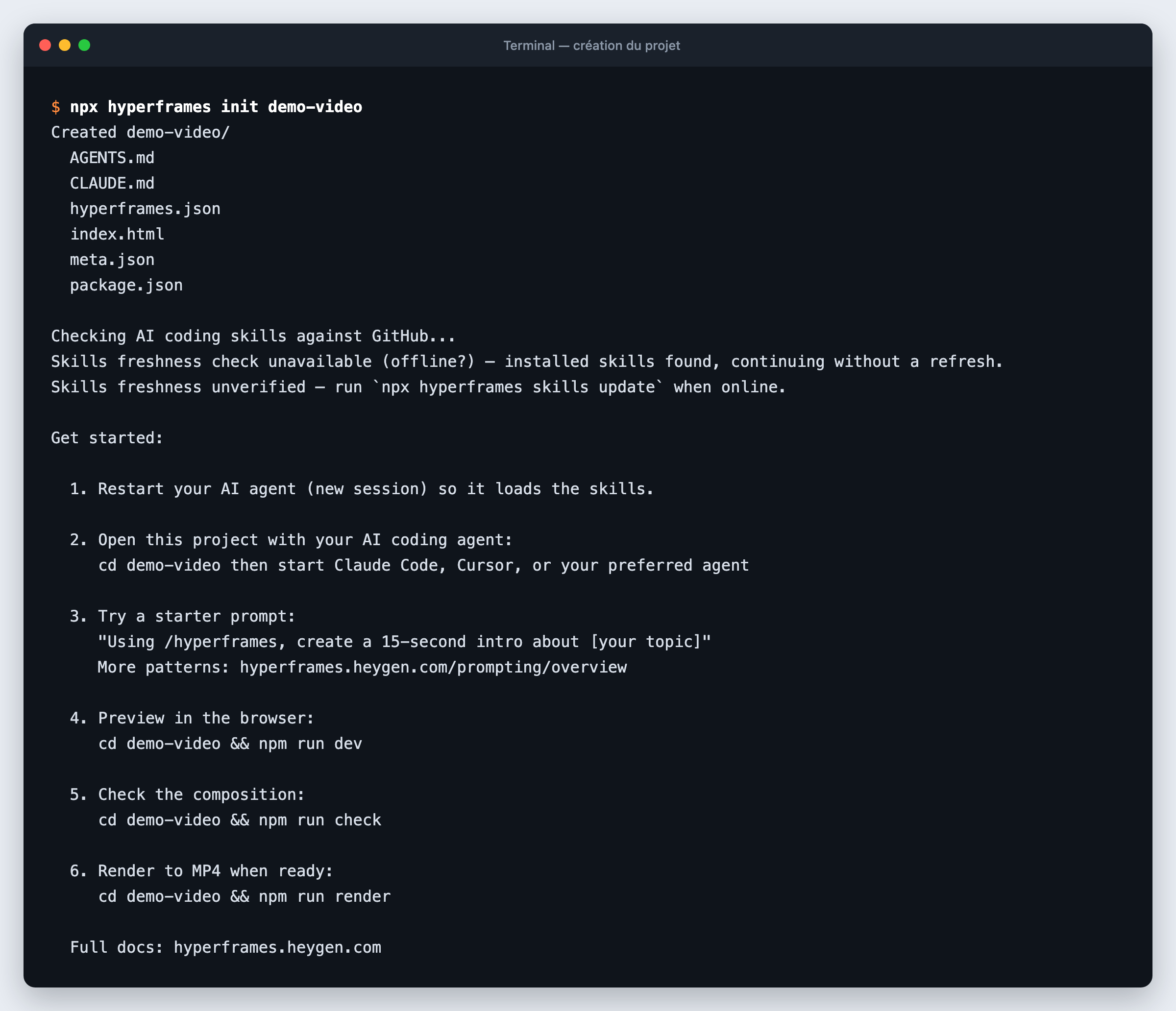 Sortie de npx hyperframes init : fichiers créés et étapes suivantes